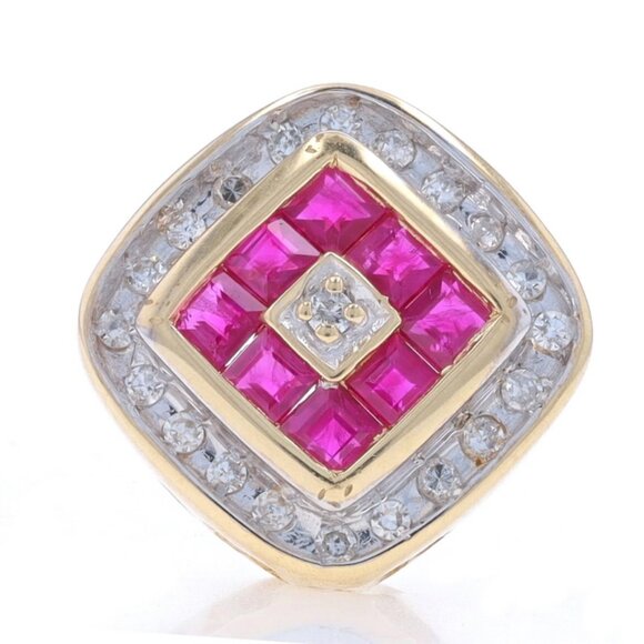 Yellow Gold Ruby & Diamond Cluster Halo Slide Pendant - 14k Square .79ctw